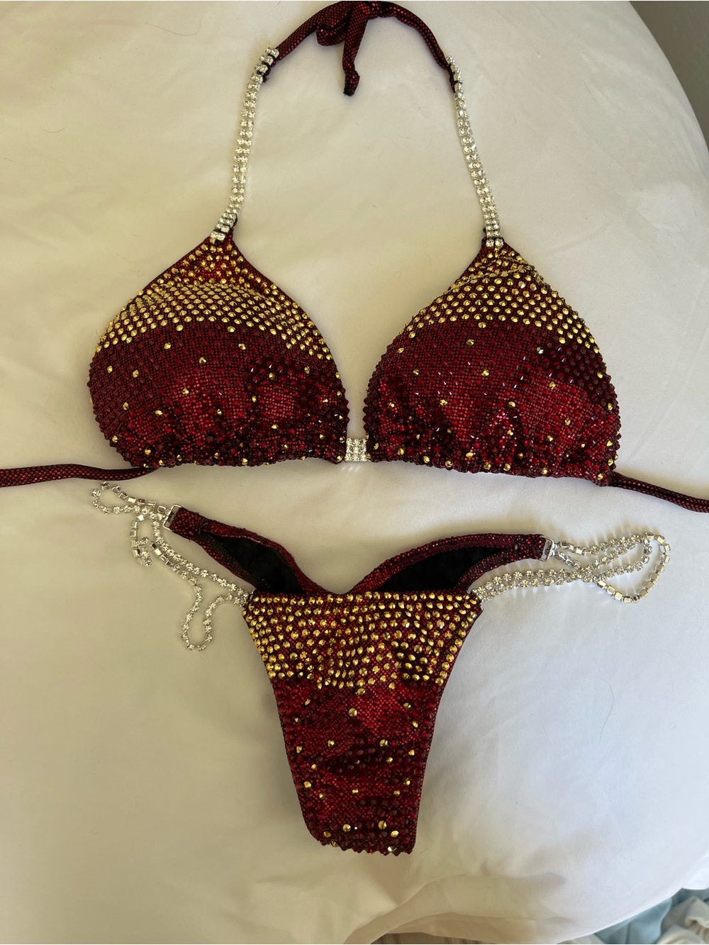 New Competition Bikini — Rhinestone Gold Embellished Burgundy Triangle Bikini